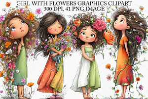 Girl with Flowers Graphics Clipart, an Illustration by Canvas Craft