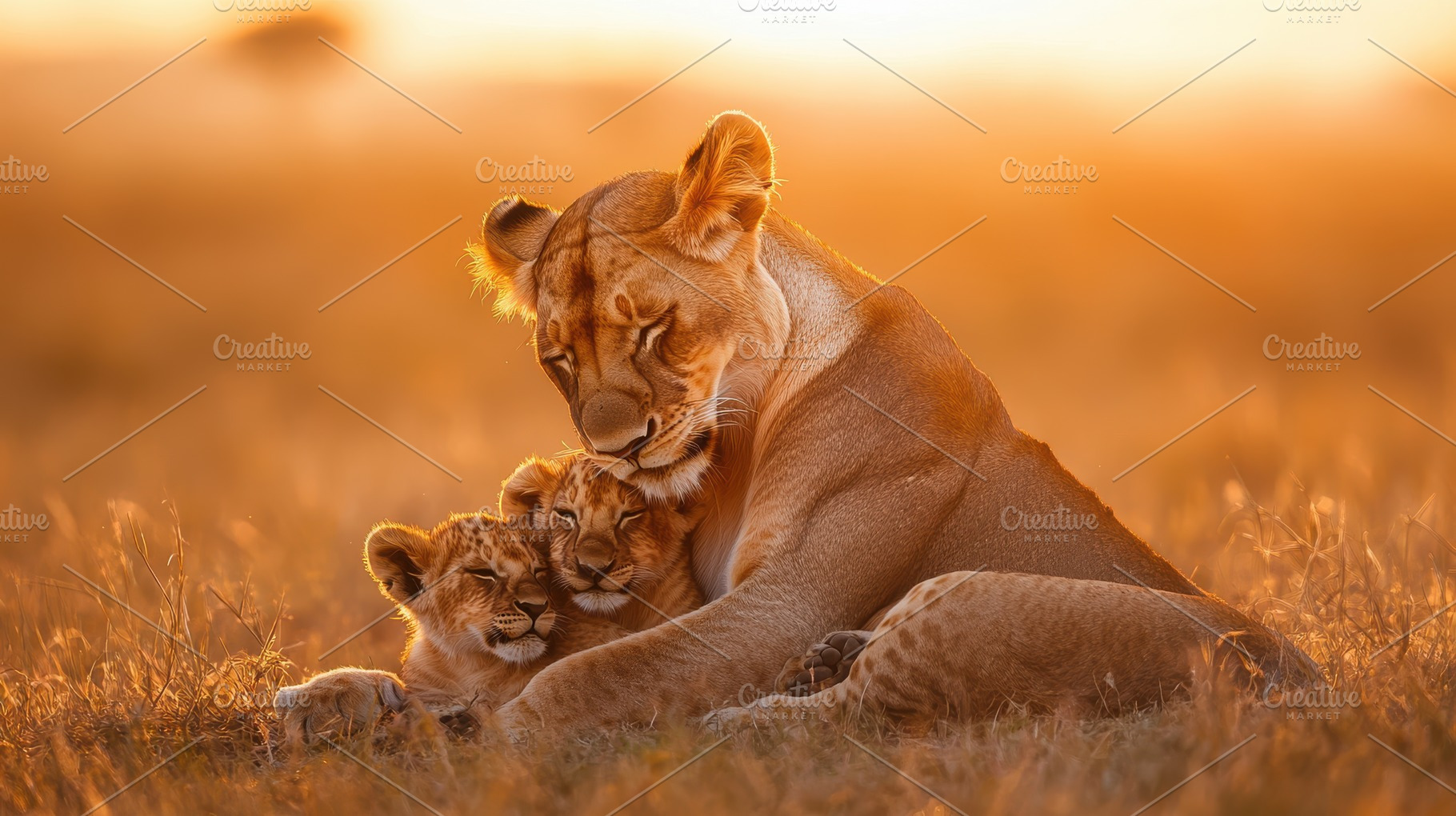 Lioness with cubs, bathed in a warm, a Background Photo by Pixeness