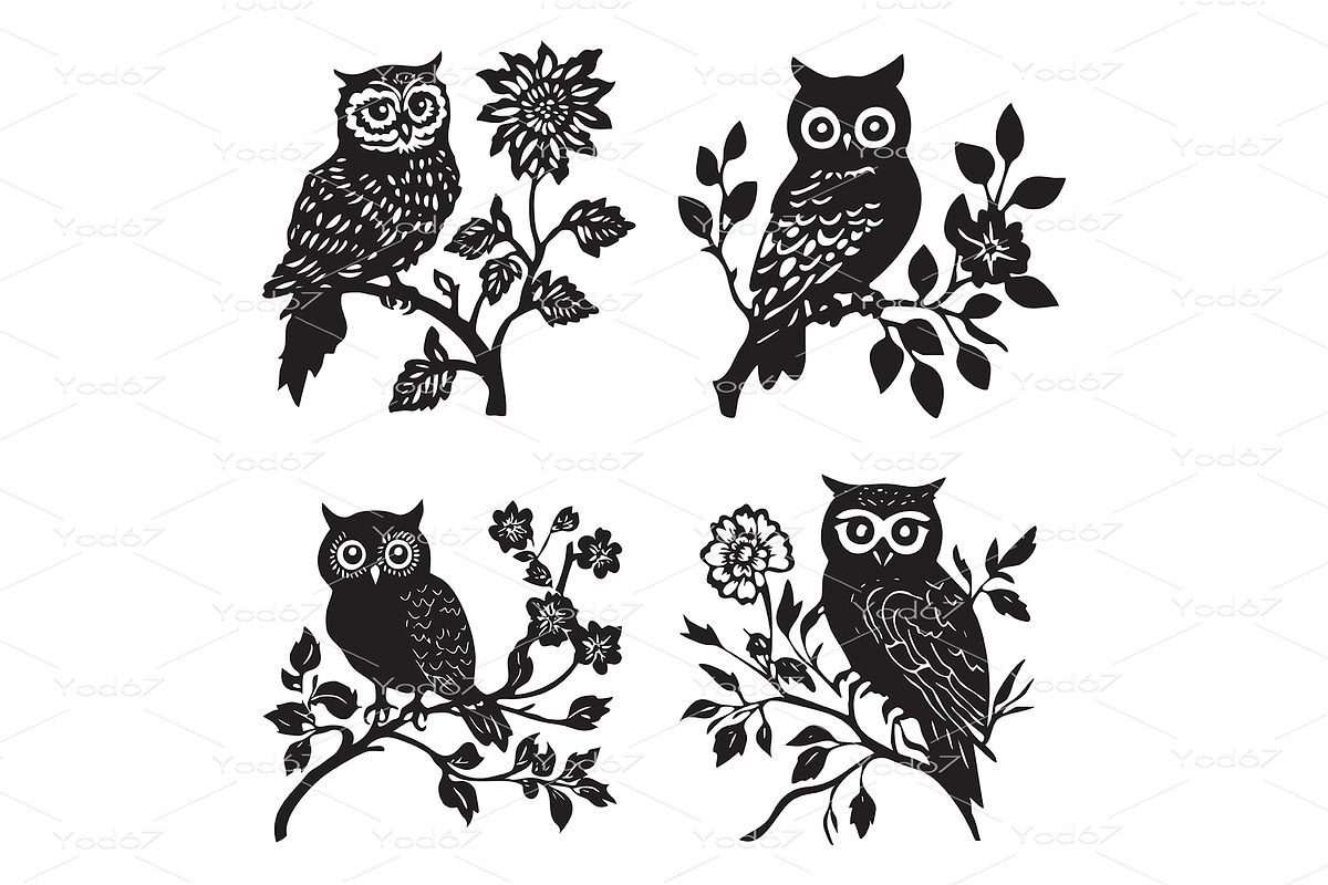 Owl and flower silhouettes on branch, an Animal Illustration by yod67