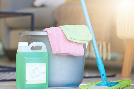 Cleaning, soap detergent product and bucket with mop for domestic work, household chores and sanitizing house to get rid of germs, bacteria and dirt. Clean living room, shiny floor and spotless house, a Photo by Peopleimages.com