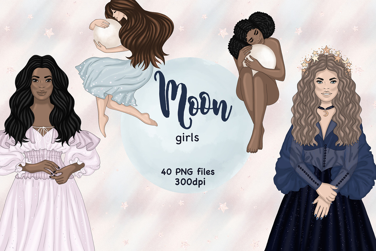 Moon Girls Clipart, a Decorative Illustration by GlamArtZhanna (Photo 1 of 4)