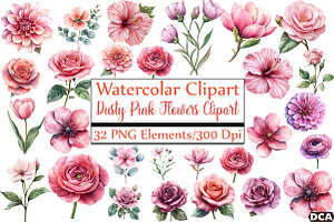 Dusty Pink Flowers Clipart, an Illustration by DreamCafeArt