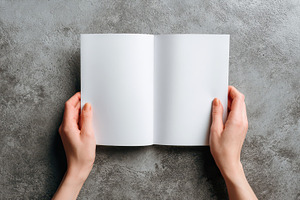 Female hands hold a blank magazine, a Photo by Pavel_design