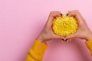 Top view of hands in sweater shaping a heart around a yellow chr, a Holiday Photo by Ales Munt
