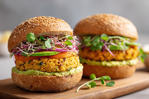Colorful veggie burgers with fresh toppings, a Food & Drink Photo by AlyaAnd