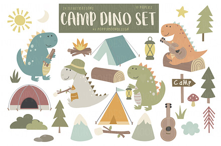 Camp Dino clipart and paper set