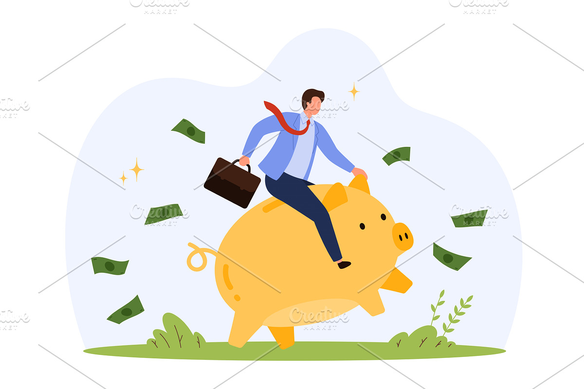Businessman Riding Piggy Bank, a Finance Illustration by Flashvector