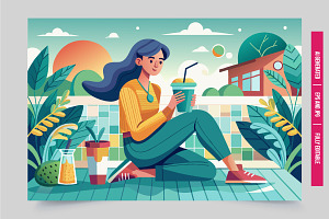 Woman patio drink sunset, an Illustration by Tanuart