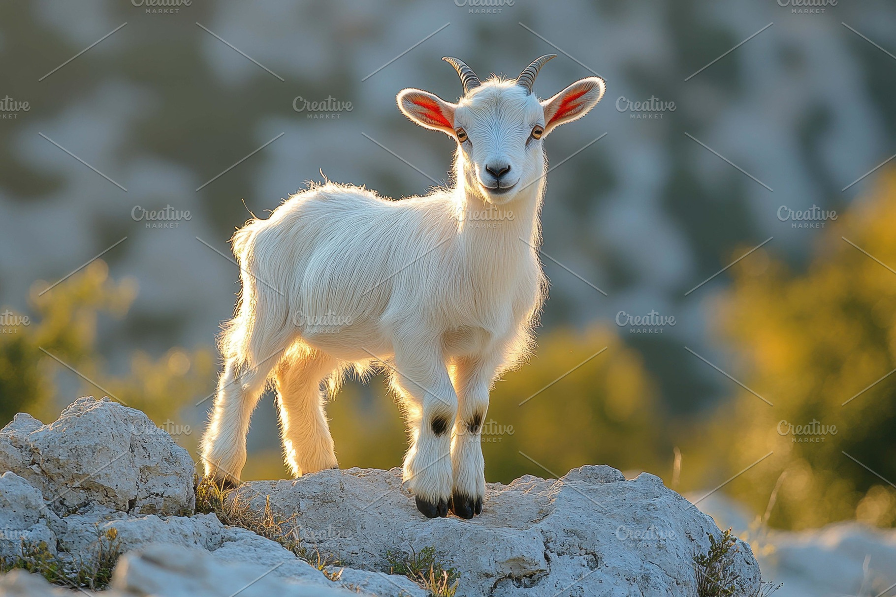 Young goat stands on rocks with a bl, a Photo by Tanuart