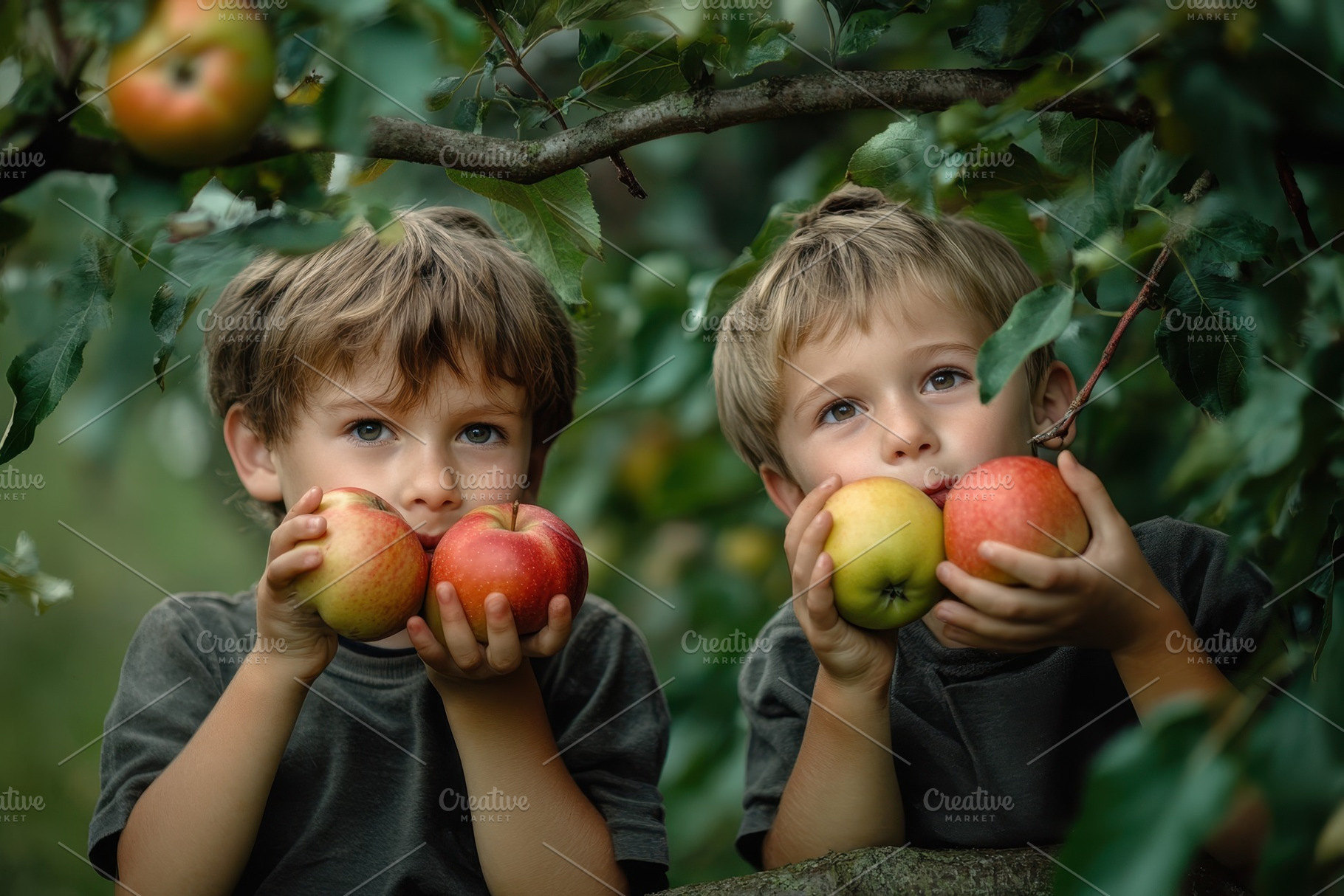 Boys enjoying apples while sitting, a Photo by Pavel_design