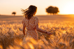 Woman in a yellow dress walks through a golden wheat field at sunset in summer, a Photo by AlyaAnd