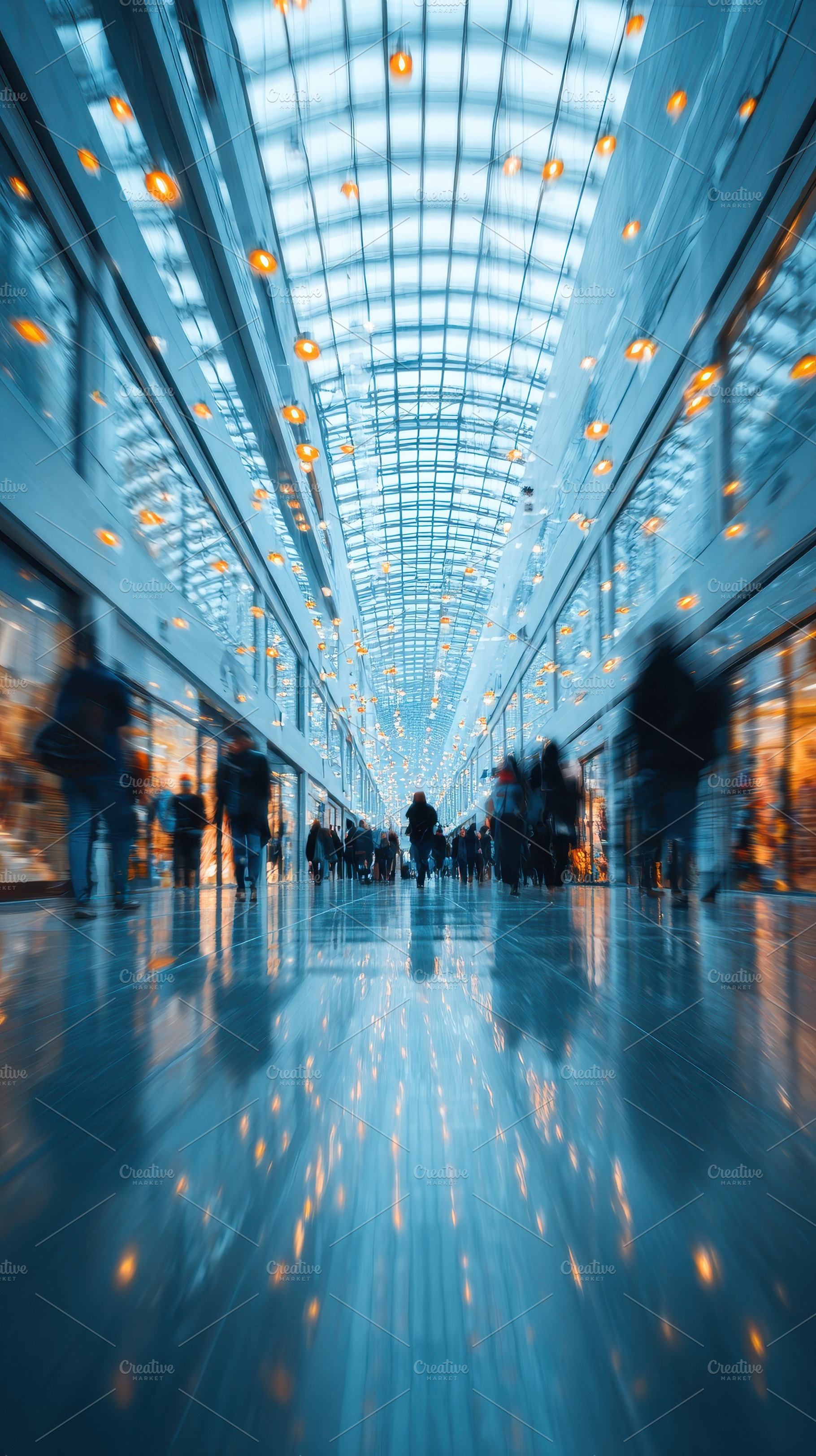 Blurry shoppers in modern glass mall, a Photo by Pixeness Studio