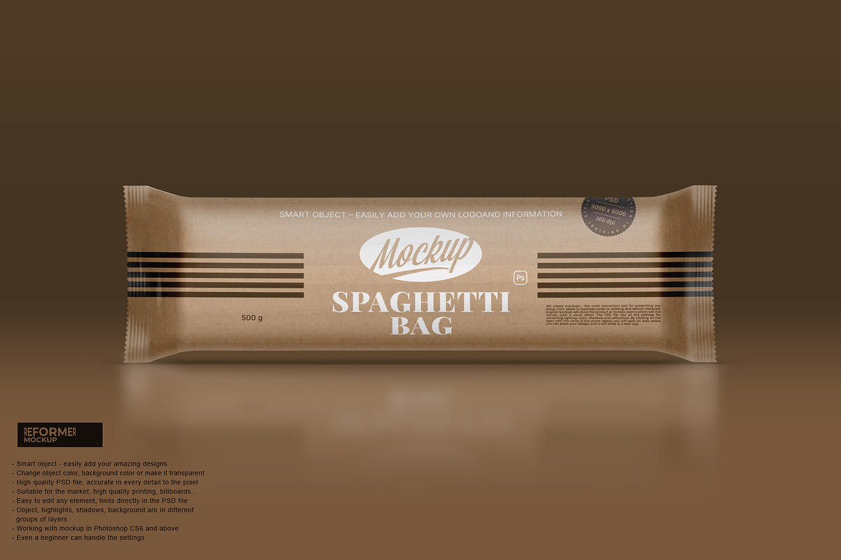 Kraft Spaghetti Pasta Bag Mockup, a Packaging Mockup by Reformer Mockup (Photo 3 of 4)