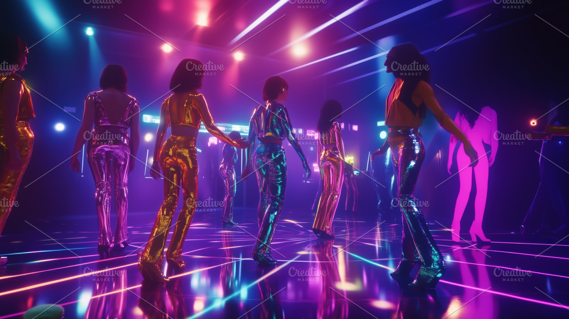 A vibrant dance floor scene featuring multiple dancers in shiny, metallic outfi, an Arts & Entertainment Photo by Textures & Backgrounds