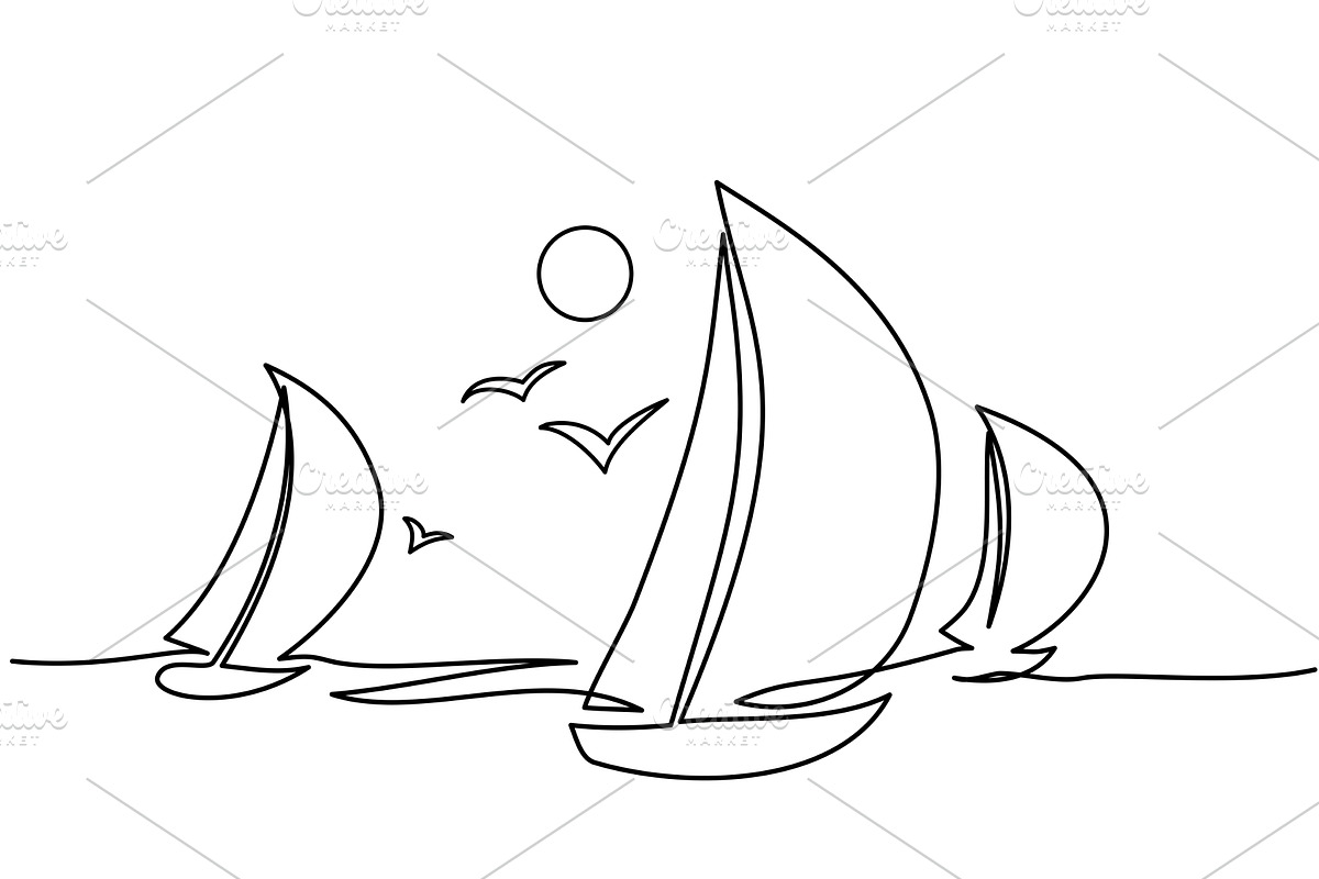 Yachts on sea waves. Seagull in the, an Education Illustration by Valenty