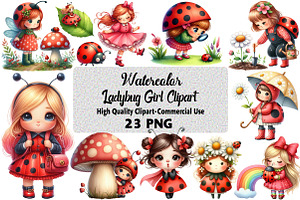 Watercolor Ladybug Girl Clipart, an Illustration by Daily.Designs