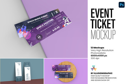 Event Ticket Mockup - 12 views, a Print Template by Illusiongraphic