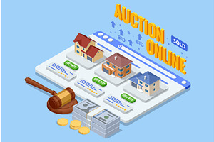 Isometric online real estate auction, a Finance Illustration by Golden Sikorka