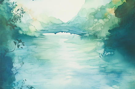 Watercolor greeting card with a rive, an Abstract Photo by Imaginarium