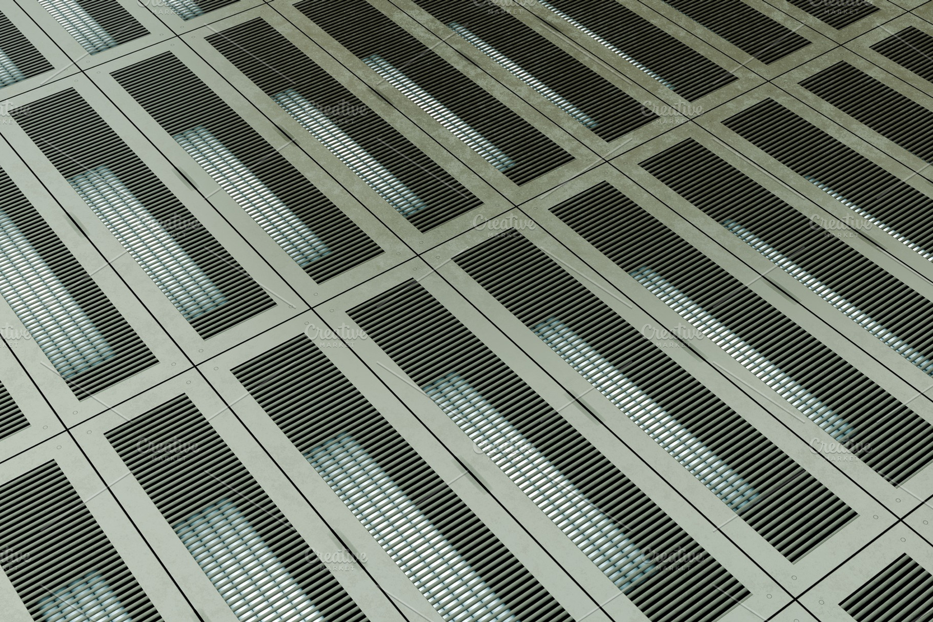 Industrial metal grid floor with illuminated rectangular patterns, an Industrial Photo by RF Images