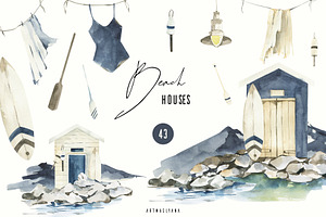 Watercolor Beach houses clipart.