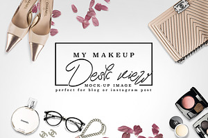 Luxury brand makeup desk mockup stock photo containing chanel and stock