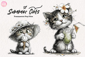Whimsical Summer Cats Clipart, an Illustration by CreationArt