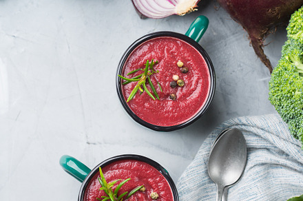 Seasonal fall autumn creamy beetroot soup on a table, a Food & Drink Photo by Antonina Vlasova