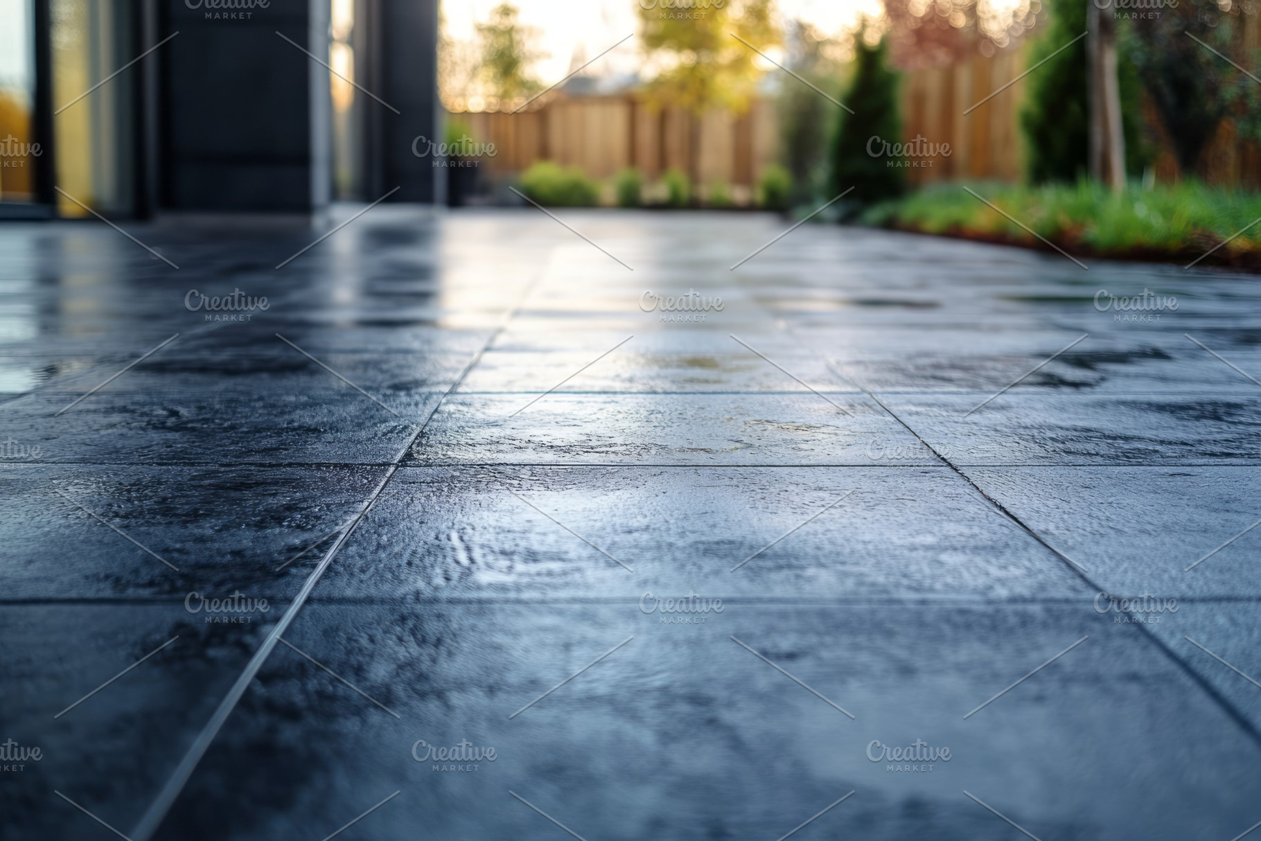 Close-up of polished black tiles with reflections in a modern outdoor space., a Background Photo by ImageMir