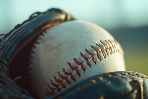 Leather baseball in glove on blurred background, a Photo by AlyaAnd