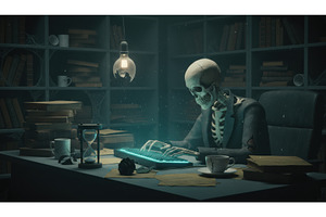 Skeleton in a suit typing on a, a Technology Photo by Igor Tichonow