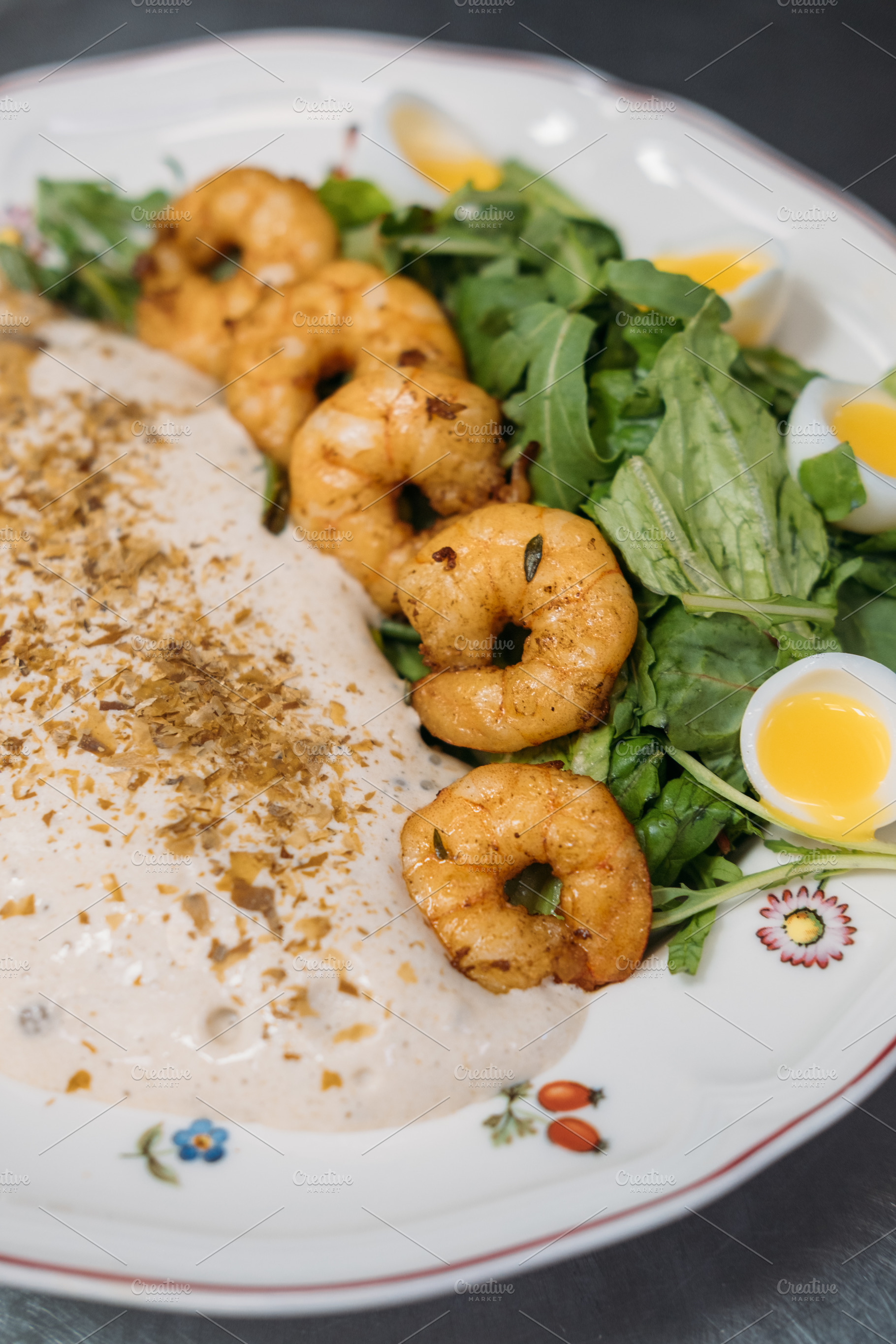 Cafeteria lunch roasted shrimp leaves egg sauce, a Food & Drink Photo by Photo Drive Studio