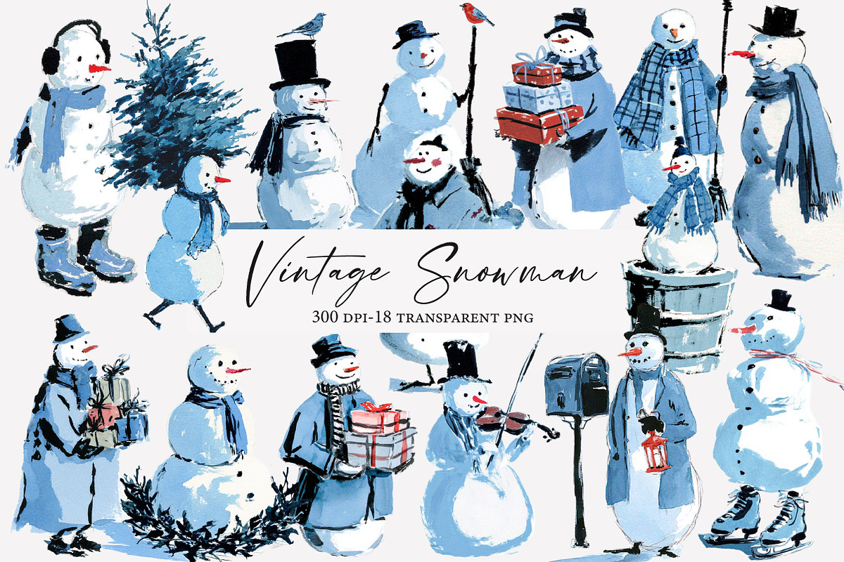 Vintage Snowman Clipart Sublimation, an Illustration by Designworld (Photo 1 of 4)