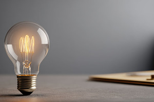 Light bulb on a table with warm glow, a Photo by Beautiful things