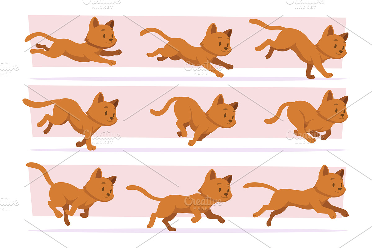 Cat. Running active cat in different, an Animal Illustration by Onyx