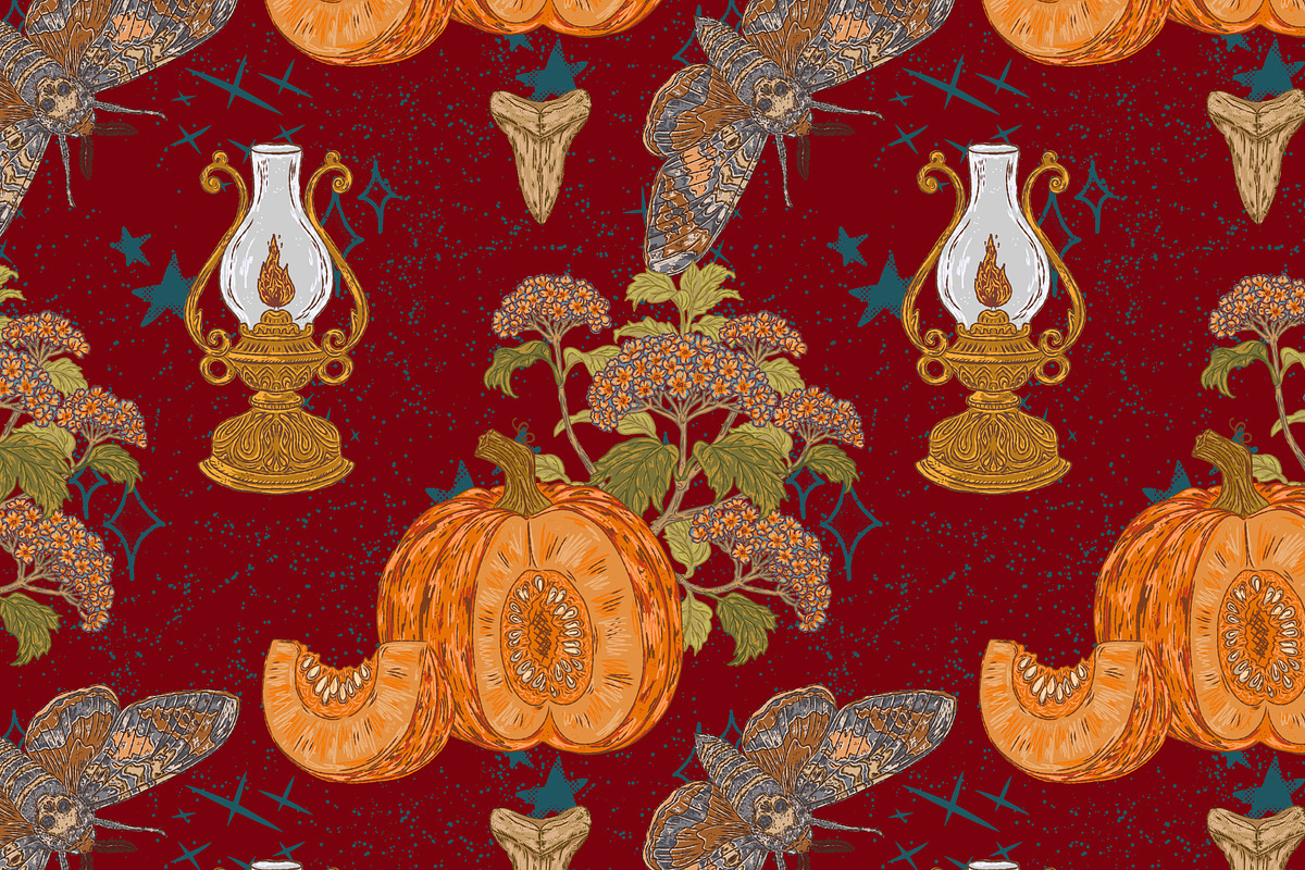 Pumpkin, Hawk Moth, Kerosene Lamp, a Pattern Graphic by NayaChu (Photo 3 of 9)
