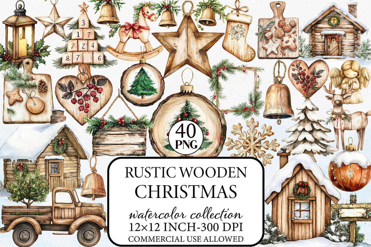 Rustic Wooden Christmas Clipart, an Illustration by Libby Wishes (Photo 1 of 9)