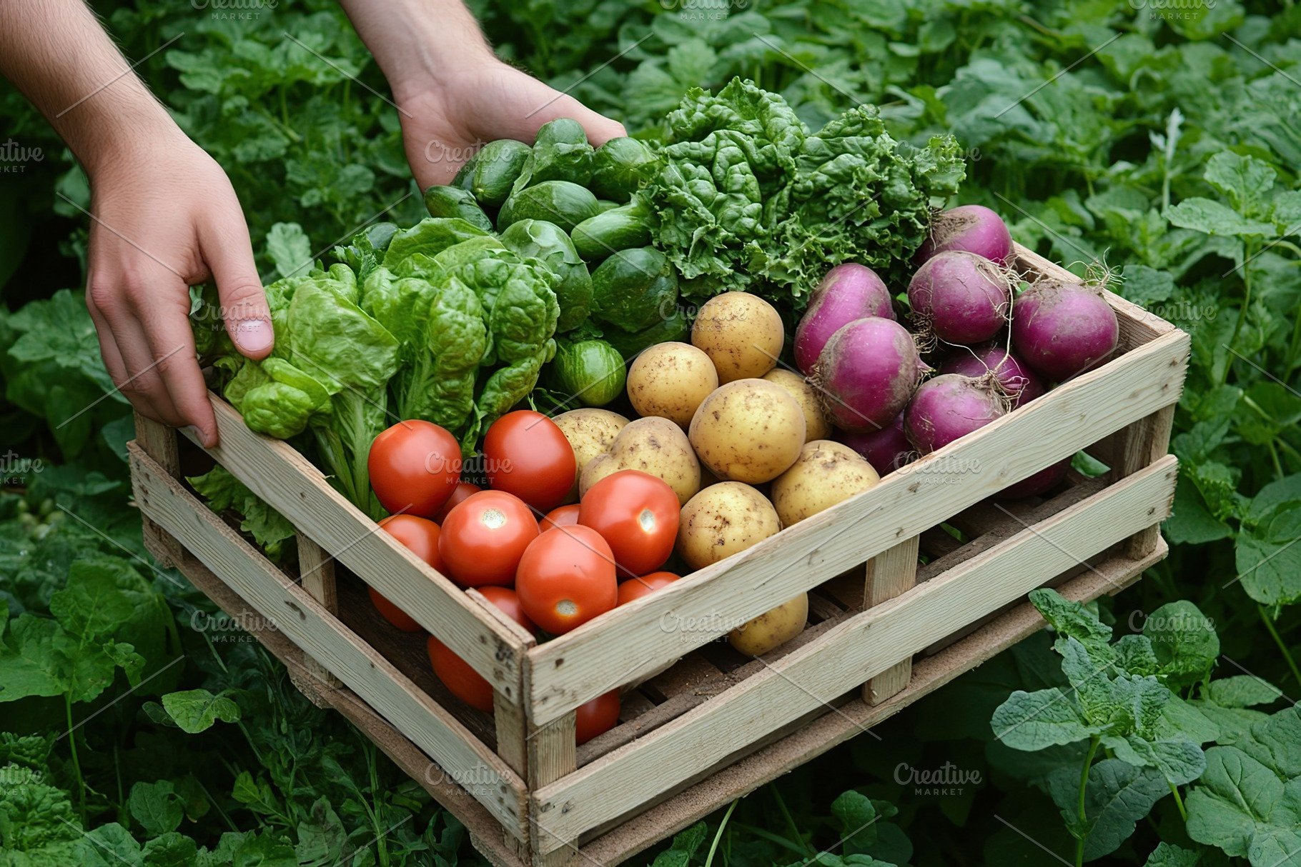 Farmer's hands holding crate full of different ripe vegetables, a Food & Drink Photo by AlyaAnd