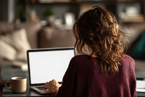 Woman working on laptop from home co, a Photo by Pixeness Studio