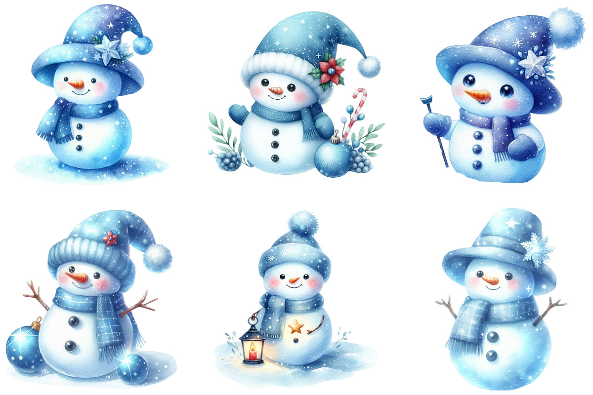 Watercolor Blue Cute Snowman Clipart, an Illustration by DreamCafeArt (Photo 3 of 6)