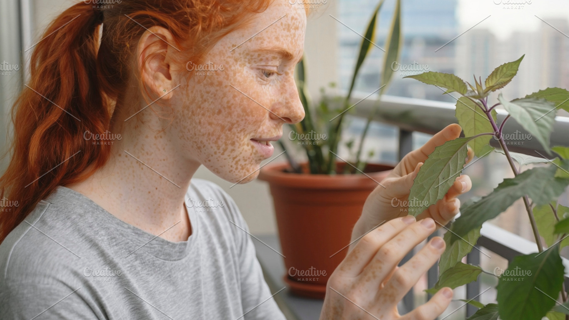 Person with freckles examining plant at home balcony, a Photo by DanFLCreativo