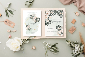 Pink Flowers Grey Leaves Invitation