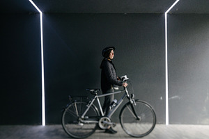 Woman riding a bicycle in a city