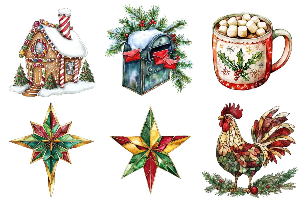 Farmhouse Christmas Stained Glass, a Seasonal Illustration by CitraGraphics (Photo 6 of 10)
