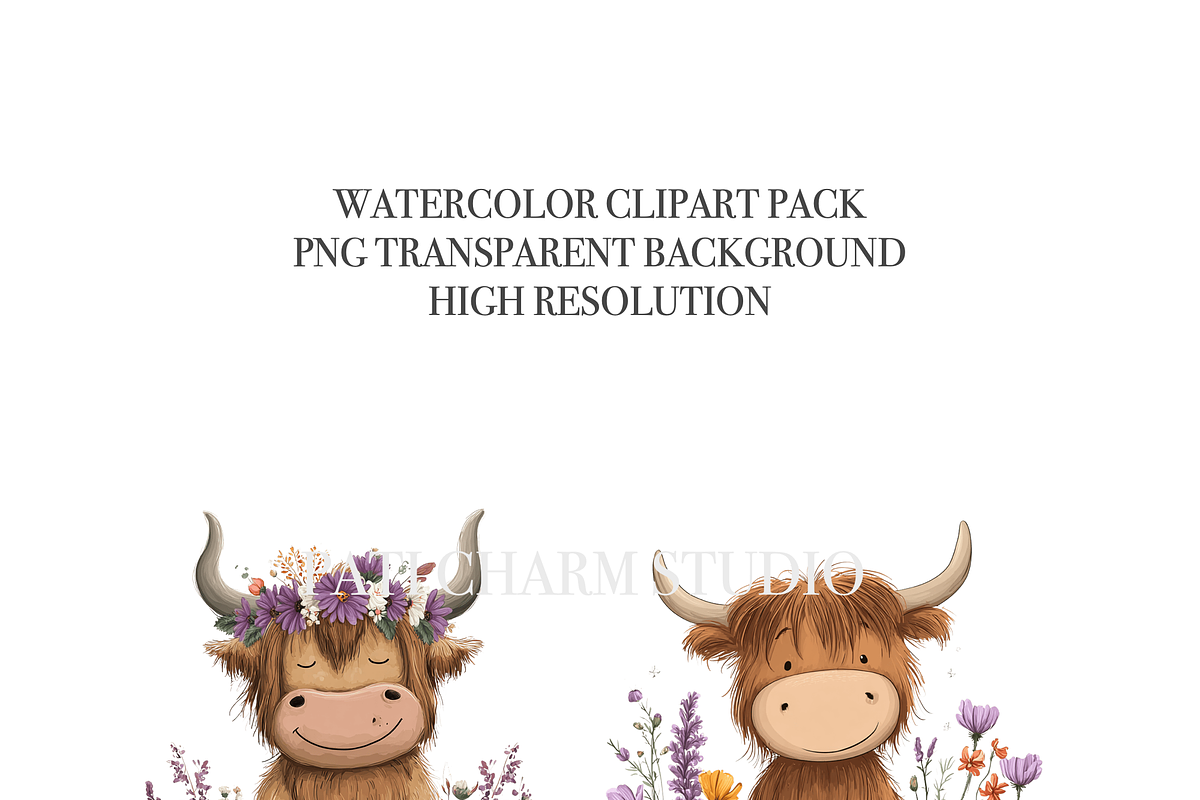 30 Floral Highland Cow Clipart, an Animal Illustration by Pati Charm Studio (Photo 5 of 8)