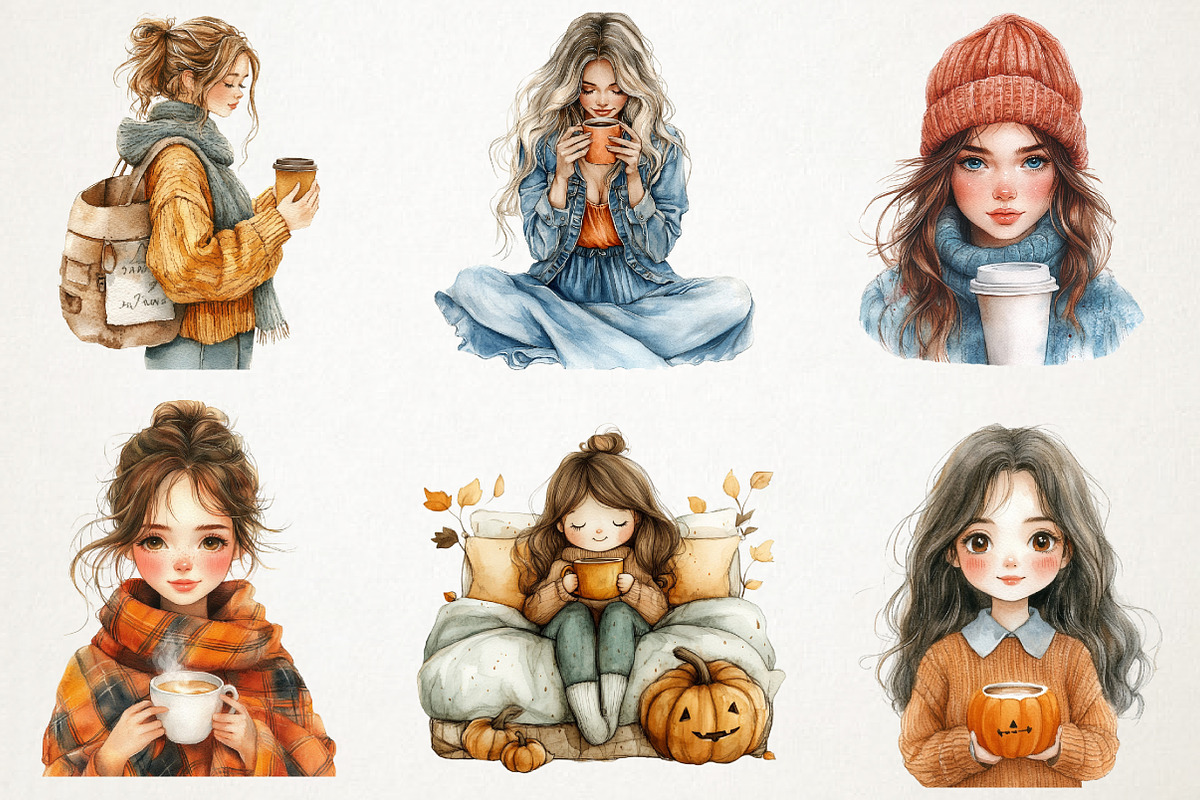 Cozy Autumn Coffee Girl Clipart Bund, an Illustration by RobertsArt (Photo 6 of 7)