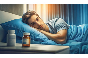 A man lying on a bed, looking, a Health & Medical Photo by Igor Tichonow