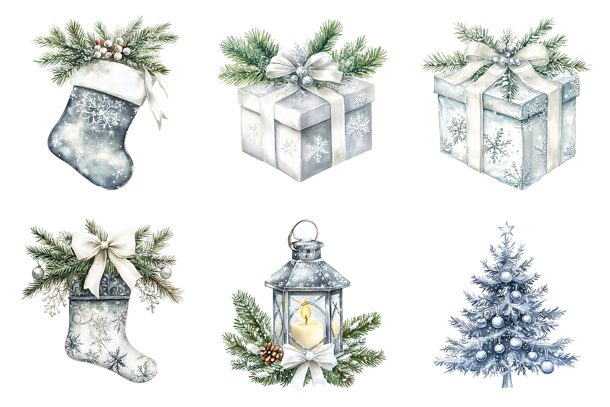 Watercolor Silver Christmas Bundle, a Transportation Illustration by SinaCreation (Photo 4 of 6)