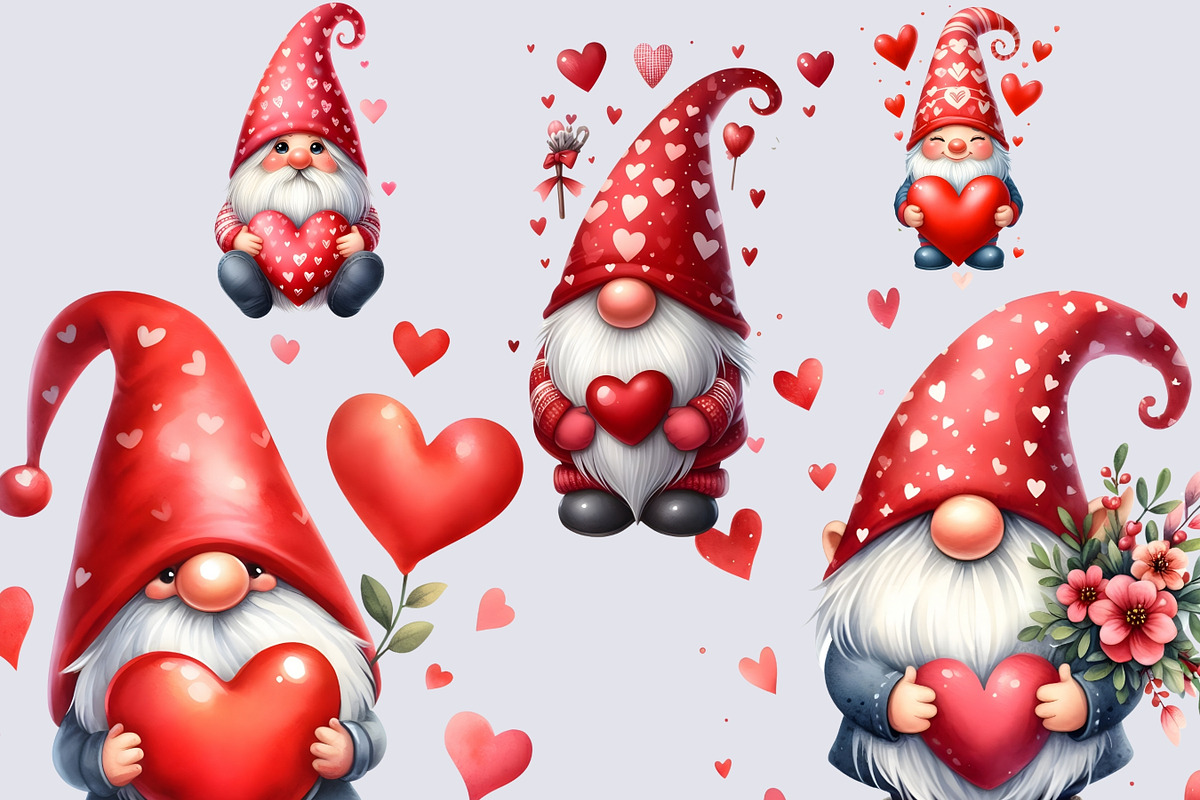 Watercolor Valentine Gnome Cliparts, a Seasonal Illustration by Dizzy Art Studio (Photo 2 of 6)