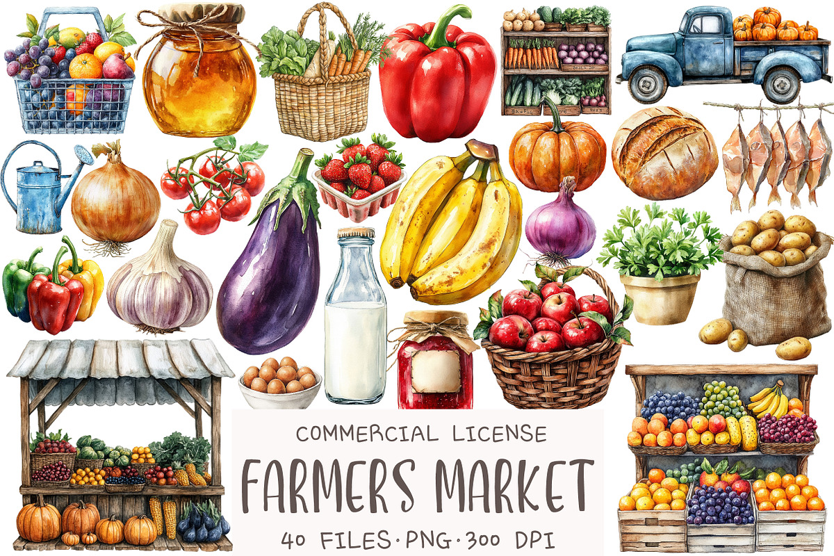 Farmers Market Watercolor Clipart, an Illustration by OK Design (Photo 1 of 5)